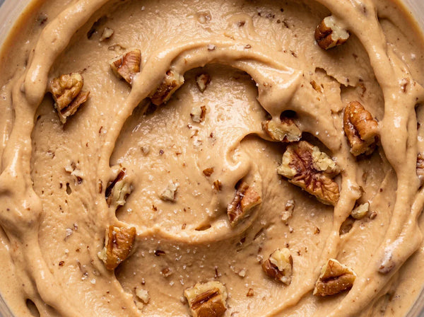 Butter Pecan Ninja Creami recipe made with CRUSHS vanilla or salted caramel protein ice cream mix and buttery toasted pecans.