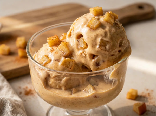 Caramel Apple Ninja Creami recipe made with CRUSHS salted caramel protein ice cream mix, diced apples, and cinnamon.