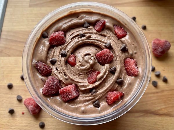 Chocolate Covered Strawberry Ninja Creami recipe made with CRUSHS protein ice cream mix, strawberry chunks, and chocolate chips.