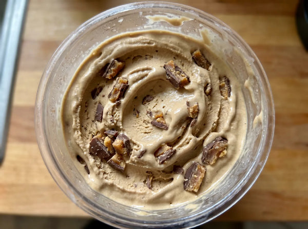 Coffee Toffee Crunch Ninja Creami recipe made with CRUSHS protein ice cream mix and Heath bar toffee bits.