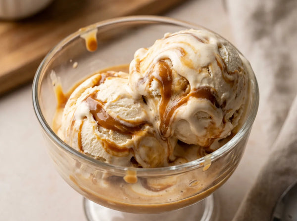 Dulce de Leche Ninja Creami recipe made with CRUSHS vanilla protein ice cream mix and dulce de leche