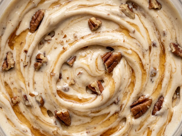 Maple Pecan Crunch Ninja Creami recipe made with CRUSHS vanilla protein ice cream mix, toasted pecans, and maple syrup