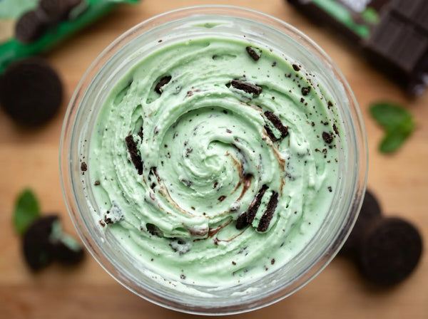 Mint Blitz Ninja Creami recipe made with CRUSHS vanilla protein ice cream mix and Thin Mint Oreos.