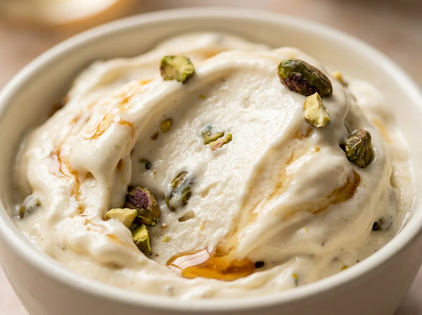 Pistachio Drizzle Ninja Creami recipe made with CRUSHS vanilla protein ice cream mix, pistachios, and honey.