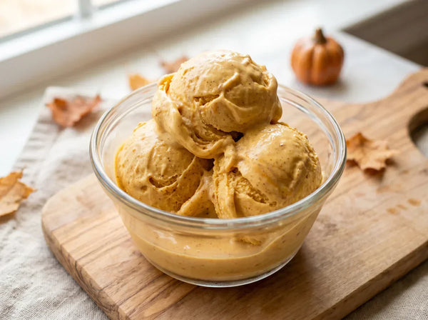 Pumpkin Spice Ninja Creami recipe made with CRUSHS vanilla protein ice cream mix, real pumpkin puree, and pumpkin pie spice.