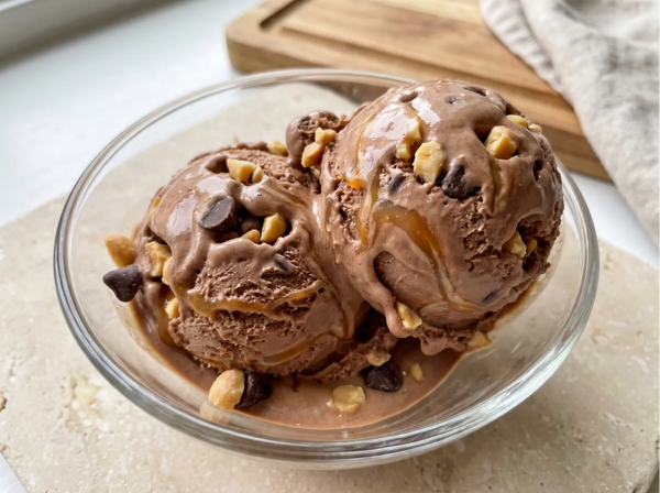 Snickers Ninja Creami protein ice cream with chopped peanuts, chocolate chips, and caramel swirl folded into a salted caramel base.