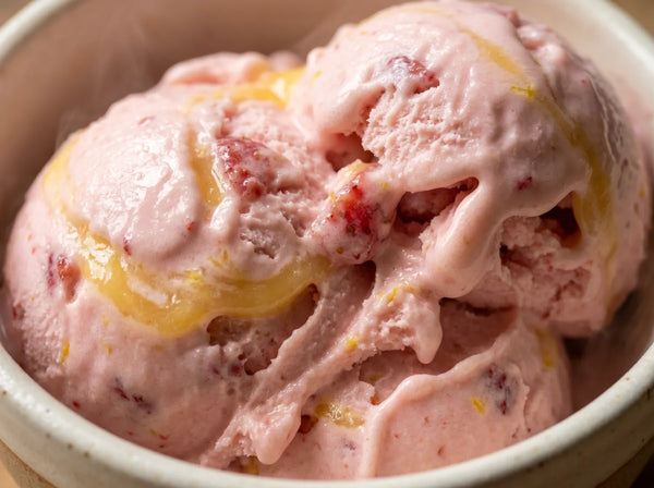 Strawberry Lemonade Ninja Creami recipe made with CRUSHS strawberry protein ice cream mix and lemon curd.
