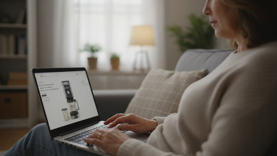 A pair of hands holding a Ninja Creami box in a store aisle representing the moment of deciding which ninja creami should i get for home use