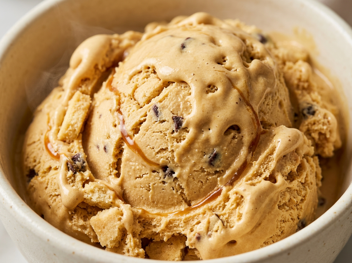 Caramel Cookie Bar Ninja Creami recipe made with CRUSHS salted caramel protein ice cream mix, shortbread pieces, chocolate chips, and caramel sauce.
