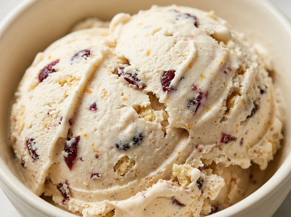 Cranberry Orange Shortbread Ninja Creami recipe made with CRUSHS vanilla protein ice cream mix, dried cranberries, orange zest, and shortbread.