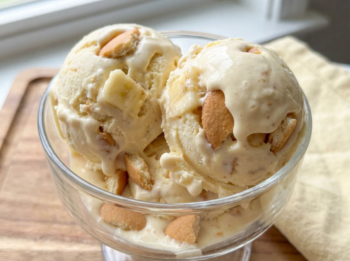 Banana Pudding Ninja Creami recipe made with CRUSHS vanilla protein ice cream mix, vanilla wafers, and banana chunks