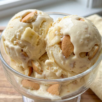 Banana Pudding Ninja Creami recipe made with CRUSHS vanilla protein ice cream mix, vanilla wafers, and banana chunks