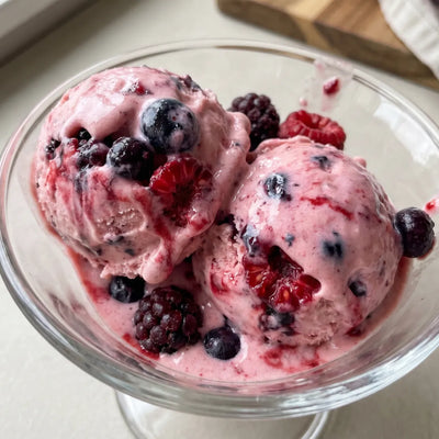 Berry Blast Ninja Creami recipe made with CRUSHS strawberry protein ice cream mix and mixed berries.