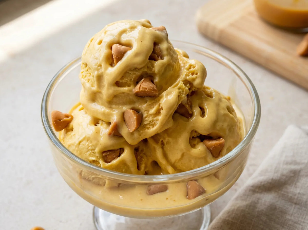 Butterscotch Pudding Pop Ninja Creami protein ice cream with butterscotch chips and butterscotch pudding flavor folded into a creamy vanilla base.