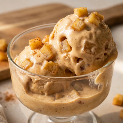 Caramel Apple Ninja Creami recipe made with CRUSHS salted caramel protein ice cream mix, diced apples, and cinnamon.