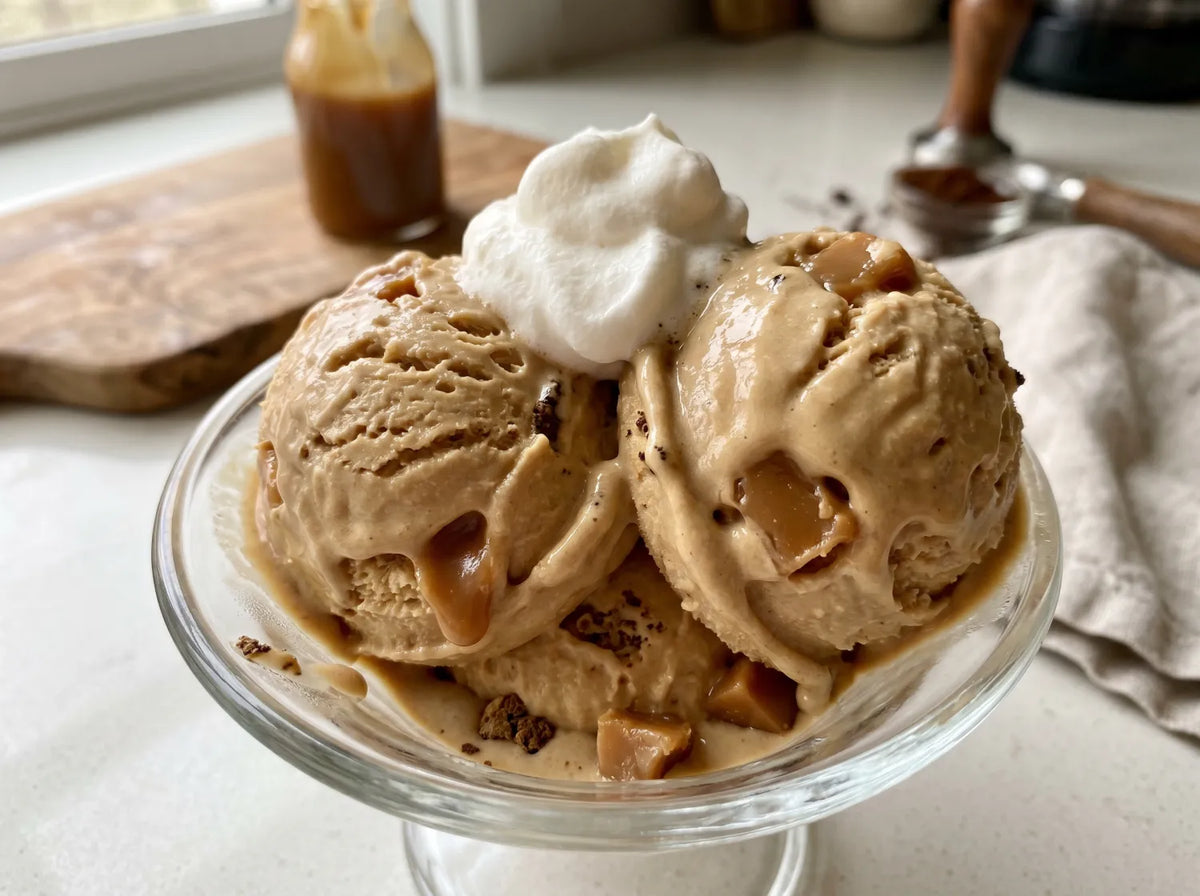 Caramel Frappuccino Ninja Creami protein ice cream with coffee, caramel swirl, and whipped cream folded into a creamy vanilla base.