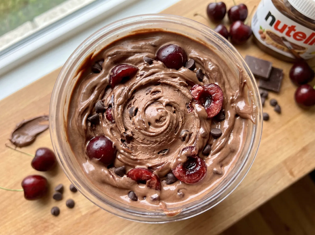 Chocolate Cherry Truffle Ninja Creami protein ice cream with cherries, Nutella swirl, and mini chocolate chips folded into a chocolate base.