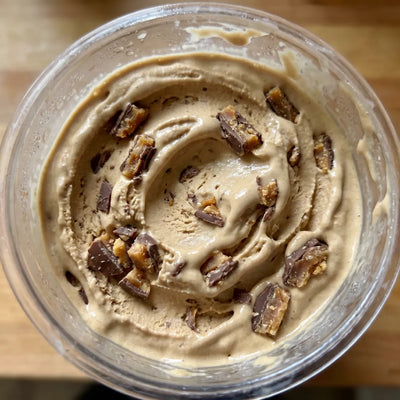 Coffee Toffee Crunch Ninja Creami recipe made with CRUSHS protein ice cream mix and Heath bar toffee bits.