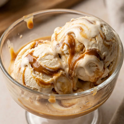 Dulce de Leche Ninja Creami recipe made with CRUSHS vanilla protein ice cream mix and dulce de leche