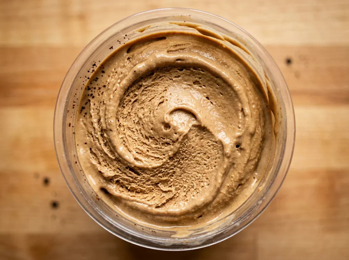Easy Coffee Ninja Creami recipe made with CRUSHS vanilla protein ice cream mix and espresso powder.