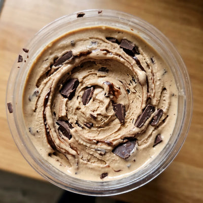 Java Chip Ninja Creami recipe made with CRUSHS protein ice cream mix, chocolate chunks, and chocolate syrup.