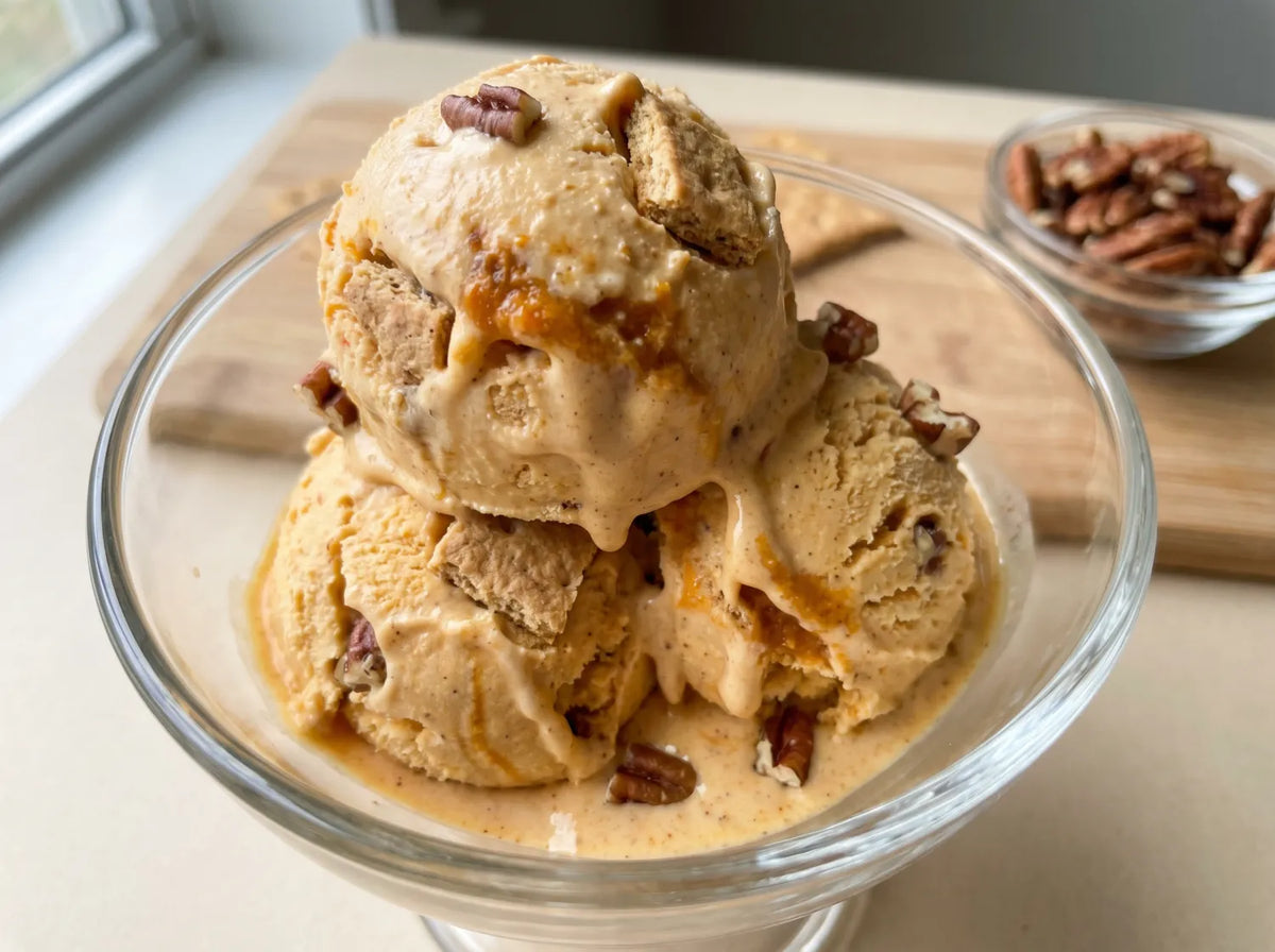 Pumpkin Pie Ninja Creami recipe made with CRUSHS vanilla protein ice cream mix, pumpkin puree, graham crackers, and pecans.