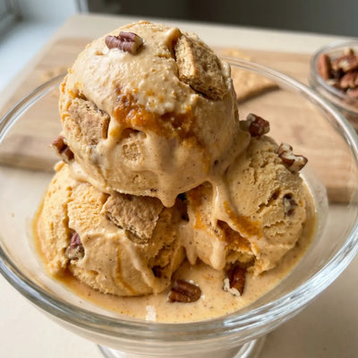 Pumpkin Pie Ninja Creami recipe made with CRUSHS vanilla protein ice cream mix, pumpkin puree, graham crackers, and pecans.