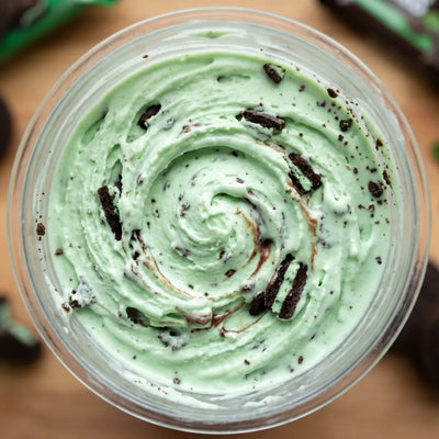 Mint Blitz Ninja Creami recipe made with CRUSHS vanilla protein ice cream mix and Thin Mint Oreos.