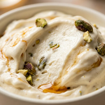 Pistachio Drizzle Ninja Creami recipe made with CRUSHS vanilla protein ice cream mix, pistachios, and honey.