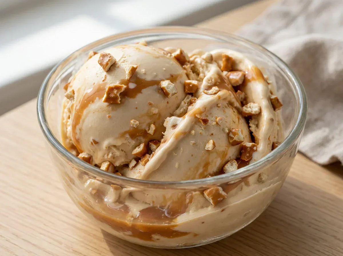 Pretzel Caramel Snap Ninja Creami mix-in with pretzels and caramel swirl.