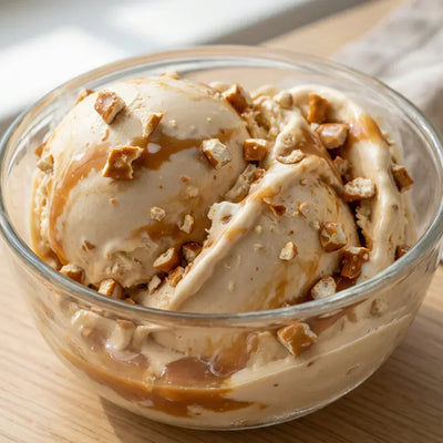 Pretzel Caramel Snap Ninja Creami mix-in with pretzels and caramel swirl.