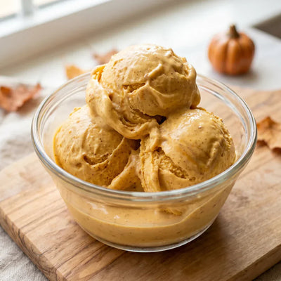 Pumpkin Spice Ninja Creami recipe made with CRUSHS vanilla protein ice cream mix, real pumpkin puree, and pumpkin pie spice.