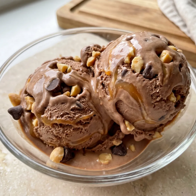 Snickers Ninja Creami protein ice cream with chopped peanuts, chocolate chips, and caramel swirl folded into a salted caramel base.