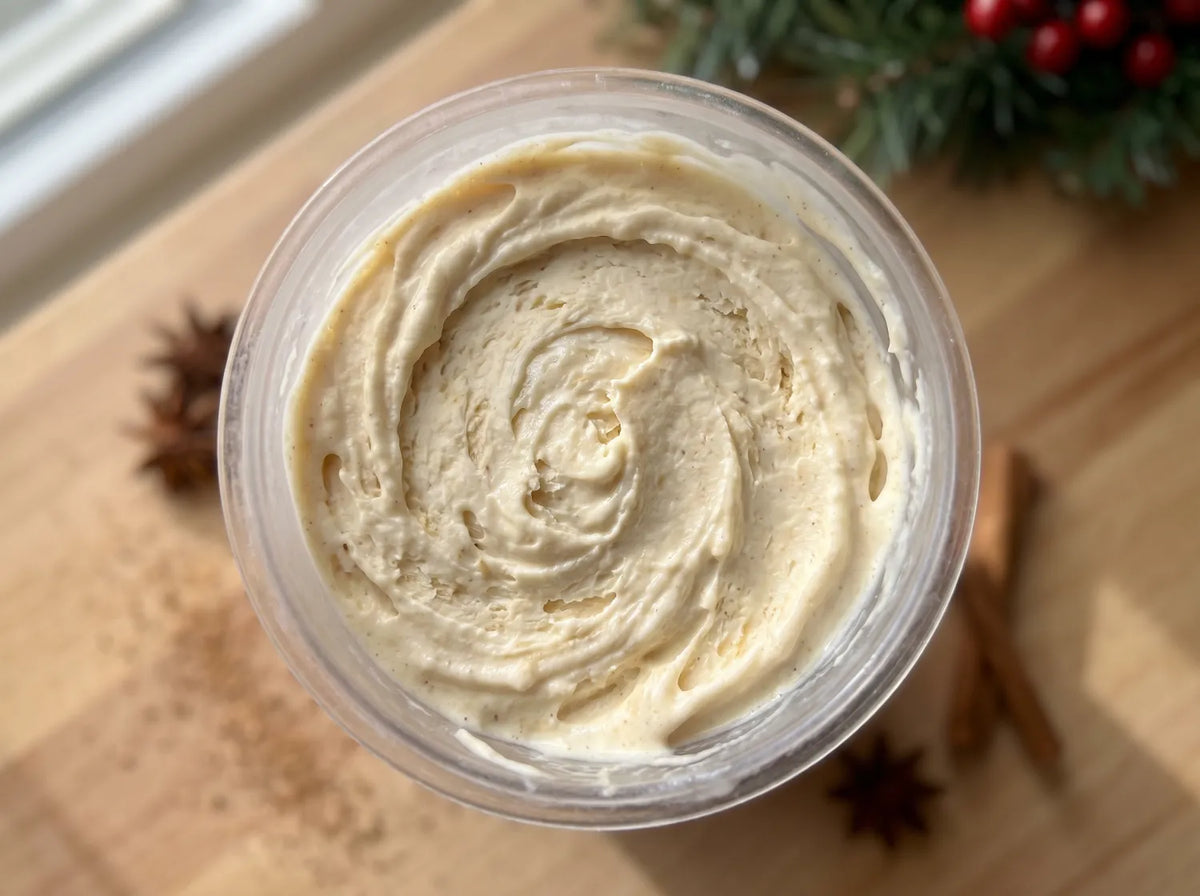 Southern Comfort Eggnog Ninja Creami recipe made with CRUSHS vanilla protein ice cream mix and Southern Comfort eggnog