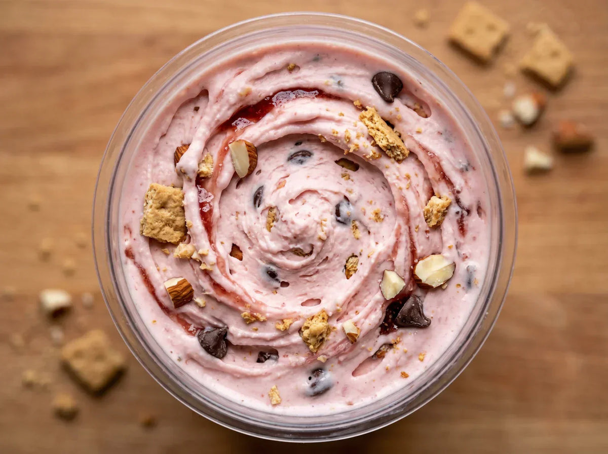 Strawberry Shortcake Ninja Creami mix-in with graham crumbles, almonds, and chocolate chips.