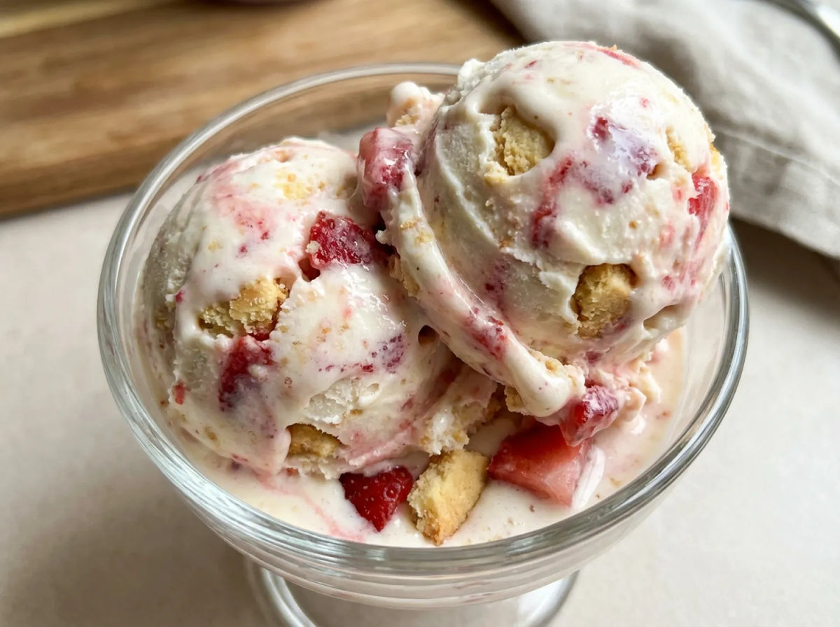 Strawberry Shortcake Ninja Creami recipe made with CRUSHS protein ice cream mix, strawberries, and shortbread crumbles.