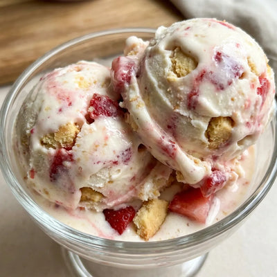 Strawberry Shortcake Ninja Creami recipe made with CRUSHS protein ice cream mix, strawberries, and shortbread crumbles.