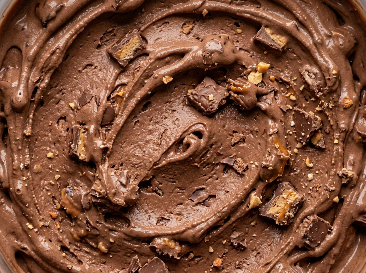 Leftover Halloween Candy Ninja Creami recipe made with CRUSHS chocolate protein ice cream mix, chopped candy bars, and mini peanut butter cups.