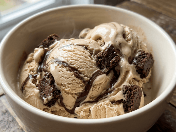 Mint Fudge Brownie Ninja Creami mix-in with brownie bites and fudge.
