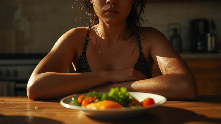 A woman's torso and arms visible sitting at a kitchen table in front of a healthy meal looking fatigued representing the common experience of eating healthy makes me tired during the first weeks of a diet change.
