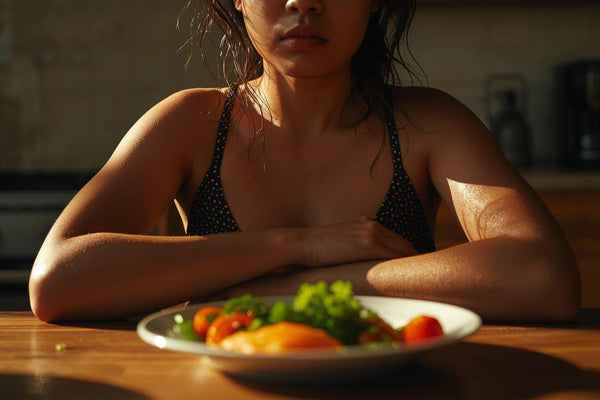 A woman's torso and arms visible sitting at a kitchen table in front of a healthy meal looking fatigued representing the common experience of eating healthy makes me tired during the first weeks of a diet change.