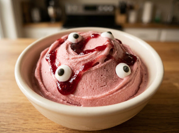 Bloody Eyeballs Ninja Creami recipe made with CRUSHS strawberry protein ice cream mix, a raspberry jam swirl, and candy eyeballs.