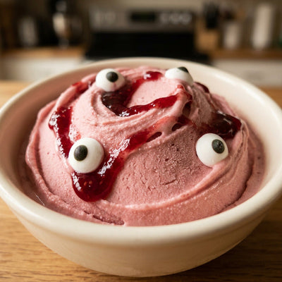 Bloody Eyeballs Ninja Creami recipe made with CRUSHS strawberry protein ice cream mix, a raspberry jam swirl, and candy eyeballs.