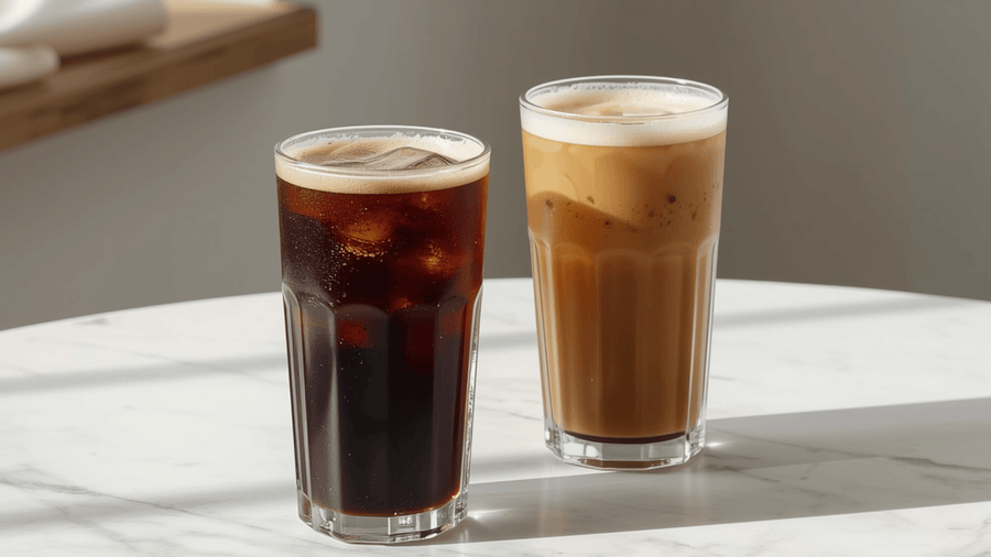 A cold brew and an iced coffee side by side in tall glasses showing the cold brew vs iced coffee caffeine comparison.