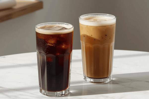 A cold brew and an iced coffee side by side in tall glasses showing the cold brew vs iced coffee caffeine comparison.