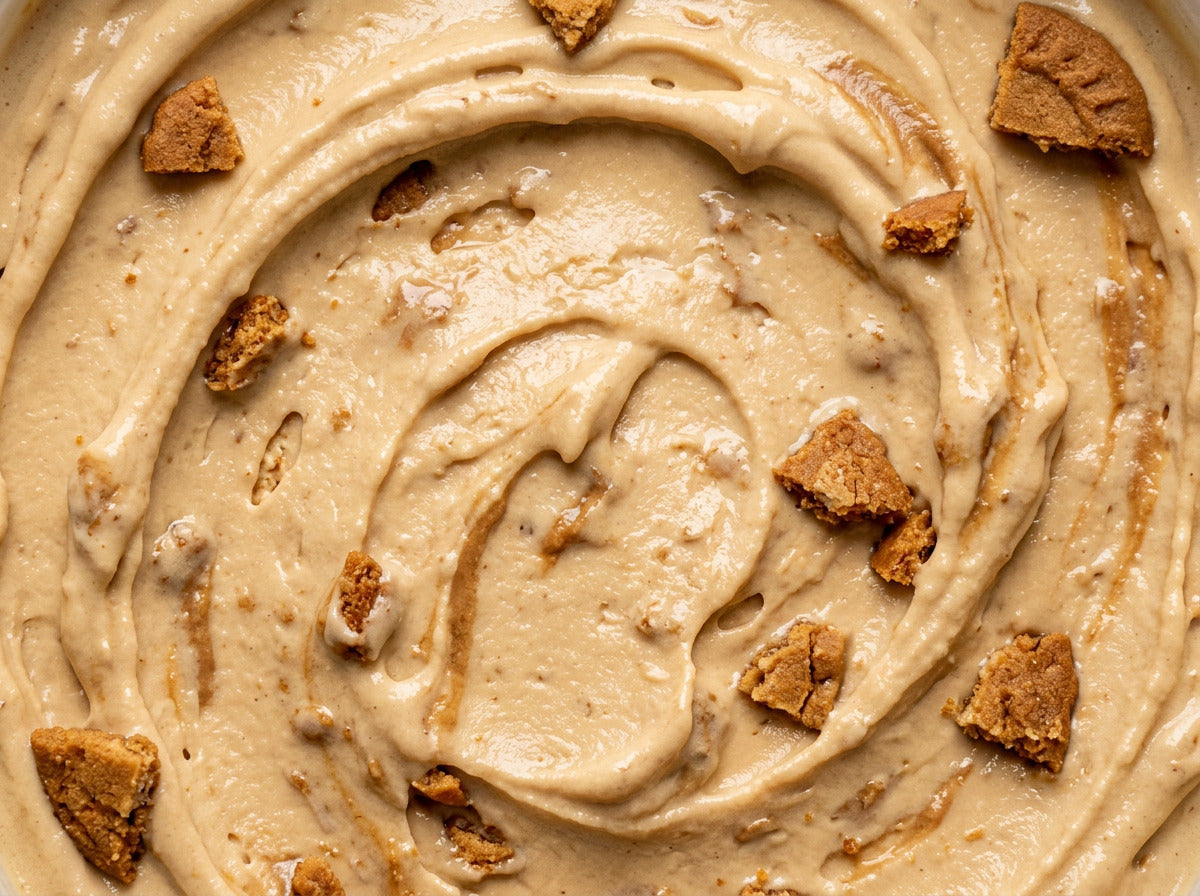 Cookie Butter Crunch Ninja Creami recipe made with CRUSHS protein ice cream mix, cookie butter, and crushed spiced cookies.