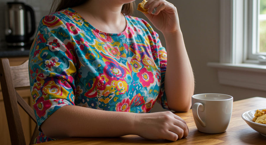 A woman's torso eating a meal at a kitchen table representing the everyday person asking do i need protein if i dont exercise and how much they actually need daily.