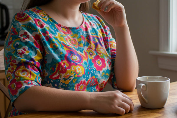 A woman's torso eating a meal at a kitchen table representing the everyday person asking do i need protein if i dont exercise and how much they actually need daily.