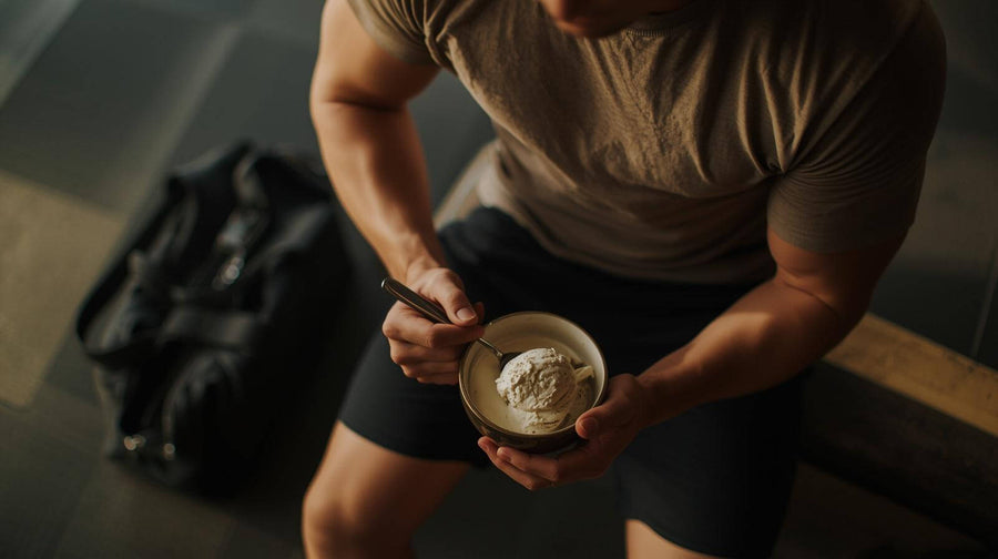 A fit man's torso in gym clothes sitting down holding a bowl representing the post workout nutrition moment that eating ice cream after a workout is designed to replace with something more enjoyable.