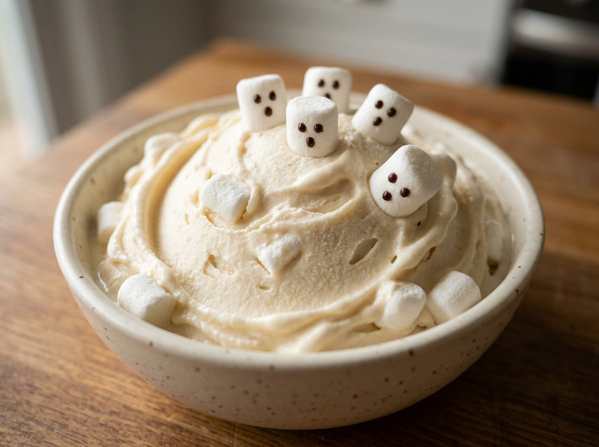 Friendly Ghost Ninja Creami recipe made with CRUSHS vanilla protein ice cream mix, mini marshmallows, and chocolate syrup.